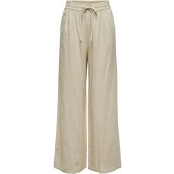 JDY Say High Waisted Wide Leg Linen Trousers with Tie Waist in Beige
