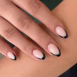 Shein pcs Short Almond Shaped French Style False Nails With Black Edge pc Nail File And pc Jelly Gel Included