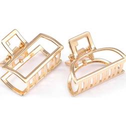 Shein 2pcs Women's Small Size Gold Rectangular & Semi-circular Metal Top & Hollowed-out Alloy Claw Clip