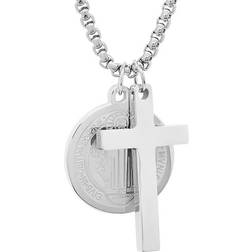 Steeltime St. Benedict Double Pendant Cross Necklace - Silver