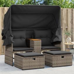 vidaXL Gartensofa 2-Sitzer mit Dach und Hockern Grau Lounge-Set, Tisch einschl. 1 Sofas