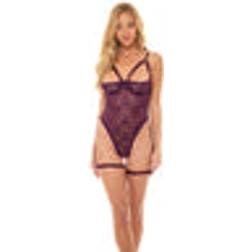 OH LÀ LÀ CHÉRI Women's Elayne Open Shelf Cup Teddy with Open Gusset and Garter Stays Potent Purple
