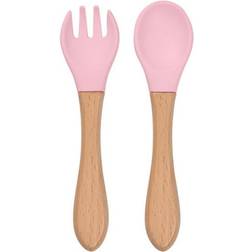 Fusipu Kid's Fork & Spoon Smooth Edge Convenient Lightweight Wooden Handle 2pcsl