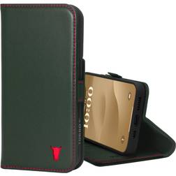 Torro iPhone 15 Leather Wallet Case with Stand Function Green with Red Detail