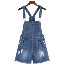 Strap Denim Shorts Jumpsuit - Dark Blue