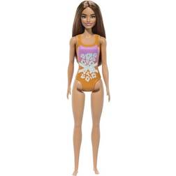 Mattel Beach Barbie Doll with Light Brown Hair Wearing Tropical Pink and Orange Swimsuit