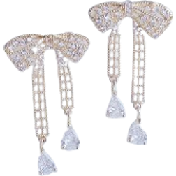 Grandado Korean Micro Zircon Temperament Bowknot Earrings - Gold/Transparent