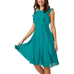 Roman Sleeveless Frill Detail Chiffon Dress - Teal