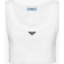 Prada Womens White Logo-plaque Cropped Cotton-jersey Tank top
