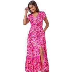 Roman Abstract Print Shirred Waist Maxi Dress Pink