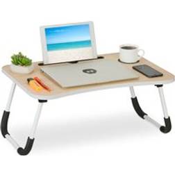 Relaxdays Laptoptisch für Couch, klappbar, Tablethalter, Getränkehalter, Betttisch, HxBxT: 26 x 63 x 40 cm, natur/weiß