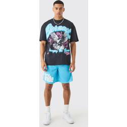 boohooMAN Oversize T-Shirt Mesh-Shorts Mit Print - Mehrfarbig