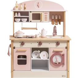 Robud Play Kitchen for Kids Toddlers, Wooden Play Kitchen with Realistic Accessories, Toy Kitchen Set with Plenty of Play Features, Modern Style Toy Kitchen for Girls & Boys, Gift for Ages 3 Pink
