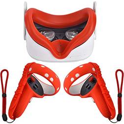 XIAOGE Silicone Controller Grip Cover for Oculus Quest 2 with Face Cover Combo, VR Headset Accessories Sweatproof Anti Collision (Red)