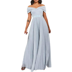 Goddiva Bardot Pleated Skirt Wedding Dress - Silver