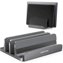 AboveTEK Vertical Laptop Stand, 3 Slots Aluminum Desk Laptop Holder & Laptop Docking Station Stand for MacBook, Tablet, Phone Universal Fit Up to 17.3" Heavy Duty Polished, Anti Slide Grey