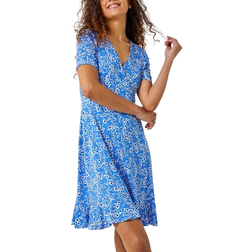 Roman Floral Print Wrap Dress - Blue