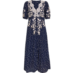 Monsoon Tori Floral and Polka Dot Midi Tea Dress - Navy