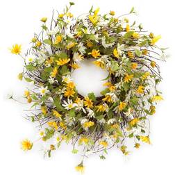 Melrose Yellow and White Daisy Twig Spring Floral Wreath Decoration 24"