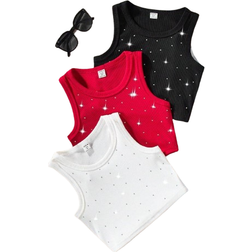 Shein Tween Girls' Street Fashion Black-White-Red Rhinestone Embellished Tank Top