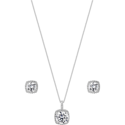 Simply Silver Halo Square Necklace and Earring Set - Silver/Transparent