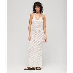 Superdry Damen Häkel-Maxikleid mit Nackenträger Weiß