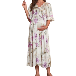 Shein Maternity Floral Print Tie Front Flounce Sleeve Satin Nightdress