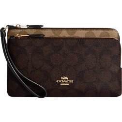 Coach Double Zip Wallet In Blocked Signature Canvas - Gold/Khaki Brown Multi