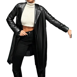 Shein Lapel Neck Open Front Leather Look Coat