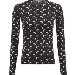 Marine Serre Regenerated All Over Moon Jersey Long Sleeves Second Skin Top - Moon Tan On Black