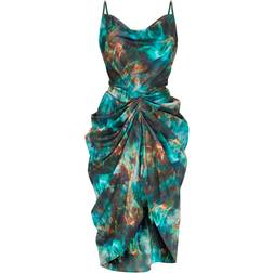 PrettyLittleThing Print Satin Strappy Cowl Neck Side Gathered Midi Dress - Green