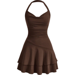 Shein MOD Draped Collar Solid Double Layer Ruffle Hem Halter Neck Ruched Dress