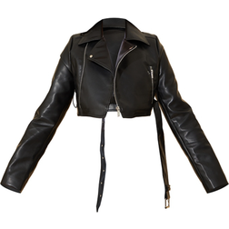 PrettyLittleThing Faux Leather Super Cropped Belted Biker Jacket - Black