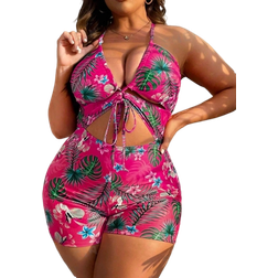 Shein Swim Lushore Summer Beach Plus Tropical Print Cut Out Tie Front One Piece Swimsuit