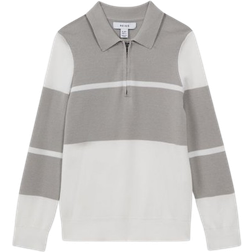 Reiss Kid's Slim Fit Half Zip Long Sleeve Polo Shirt - Soft Grey/White