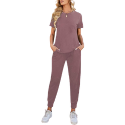 Shein LUNE Solid Round Neck Tee & Trousers Set