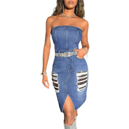 Shein BAE Strapless Denim Dress With Distressed And Glittering Design