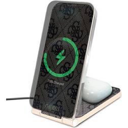 Guess 4G Pattern MagSafe foldbar 2-i-1 indikatoroplader med MagSafe til iPhone og AirPods 15W brun
