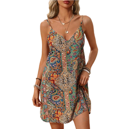 Shein Women's Bohemian Style Printed Wrap Dress With V-Neck, Open Back And Tassel Hem For Music Festivals