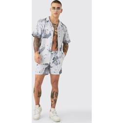 boohooMAN Mens Oversized Ripstop Camo Shirt & Short Trunks Set Grey