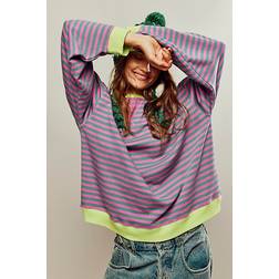 Free People Classic Striped Oversized Crewneck in Pink Combo