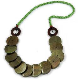Avalaya Grass Wood Button Bead Necklace - Green/Brown