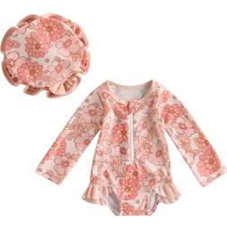 Mama's Sunshine Rash Guard Strawberry Print Bathing Suit + Sun Hat - Orange