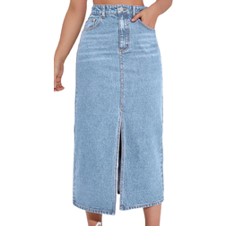 Shein EZwear High Waist Slit Denim Skirt - Light Wash
