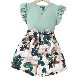 Shein Tween Girl Keyhole Neck Ruffle Trim Tee & Tropical Print Shorts