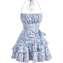 Shein Mod Floral Print Ruffle Trim Tie Backless Ruched Bust Layered Halter Summer Short Dress