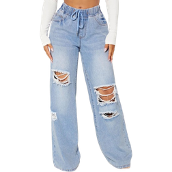 Shein SXY Drawstring Waist Cut Out Ripped Wide Leg Jeans