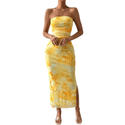 Shein Calvaya Ladies' Tie Dye Strapless Dress With Side Slit Hem Maxi Women Outfit
