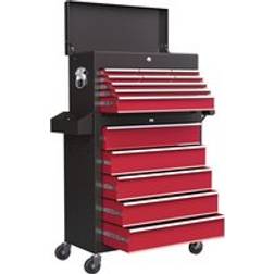 Homcom Rolling Tool Cabinet on Wheels with 14 Drawers, Pegboard and Side Rack, Lockable Top Tool Chest and Roller Cabinet for Workshop and Red