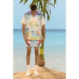 boohooMAN Oversized Short Sleeve Satin Shirt and Short Set - Blue